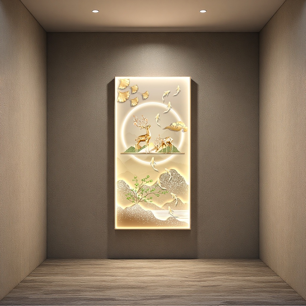The main body of the European-style wall art for the entrance of the living room is a decorative painting featuring golden deer carvings and auspicious cloud goldfish Specification image