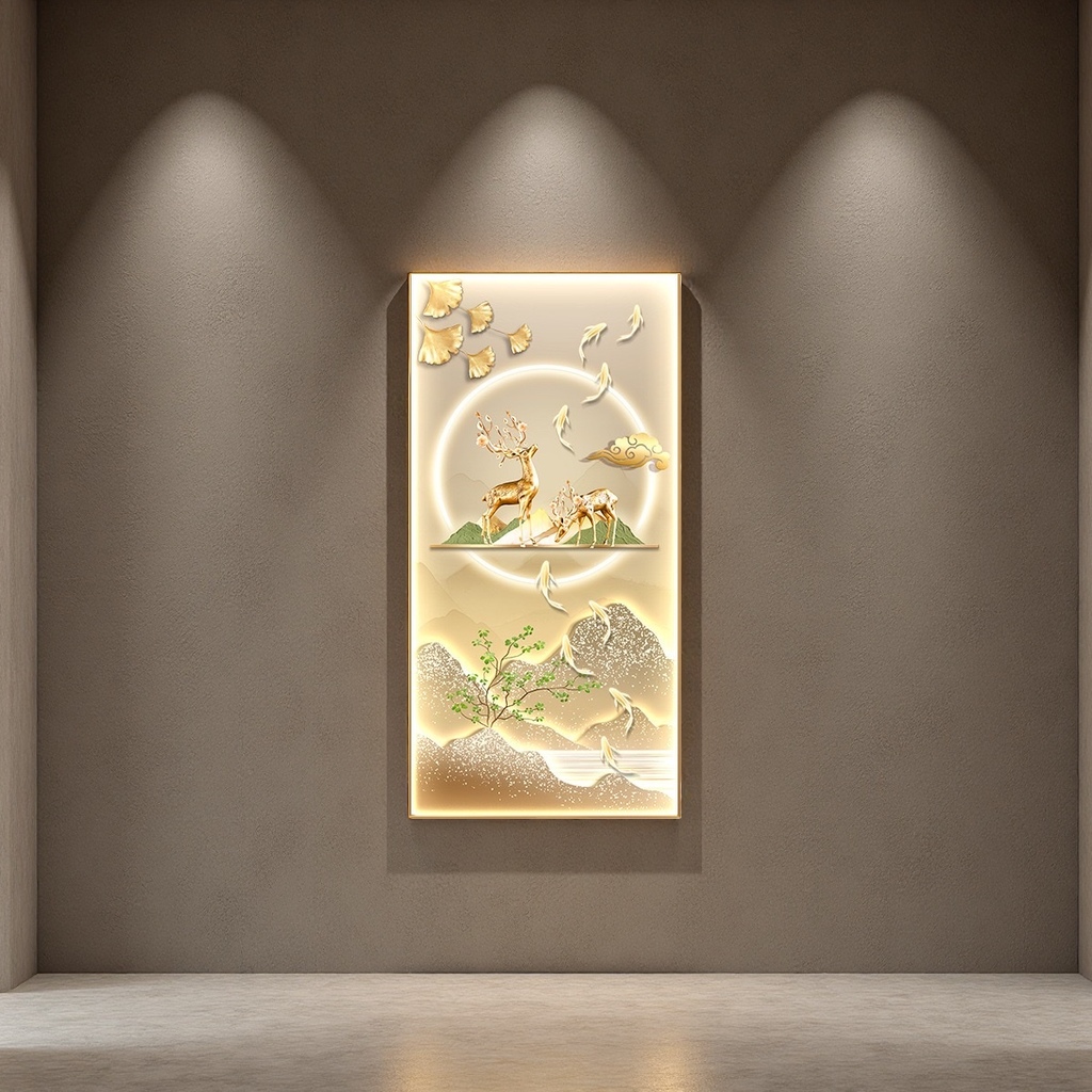 The main body of the European-style wall art for the entrance of the living room is a decorative painting featuring golden deer carvings and auspicious cloud goldfish