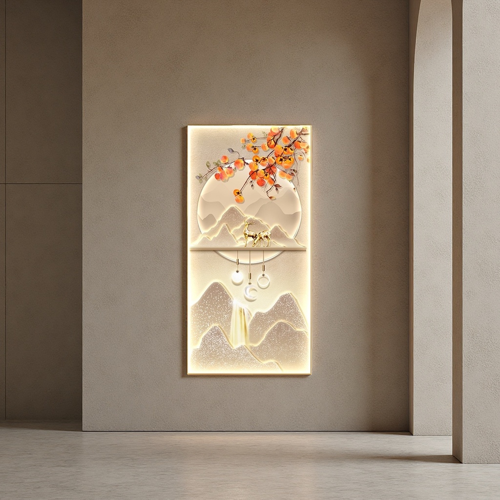 Luminous landscape persimmon decorative painting as the main body, ink-wash style home hanging painting, soft decoration for living room and bedroom Application Scenario