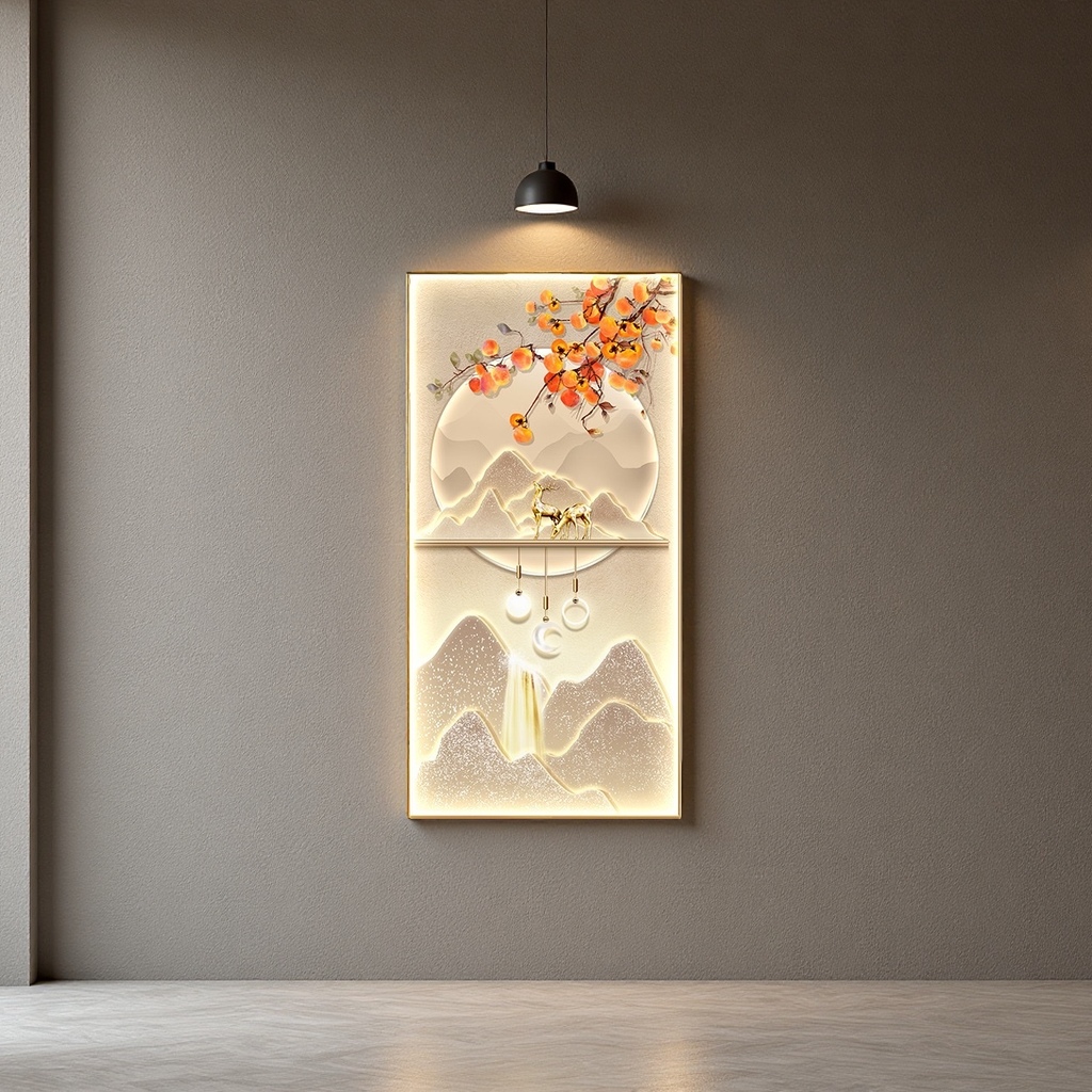 Luminous landscape persimmon decorative painting as the main body, ink-wash style home hanging painting, soft decoration for living room and bedroom