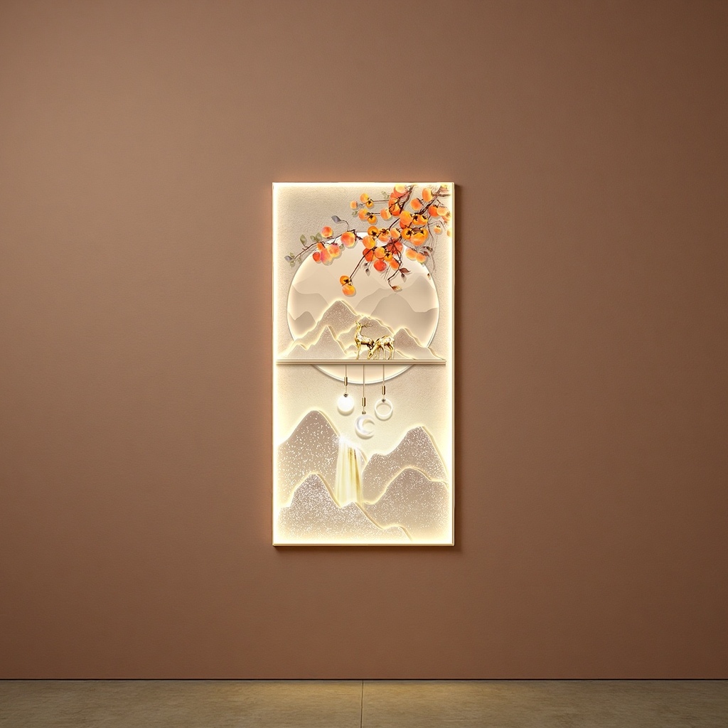 Luminous landscape persimmon decorative painting as the main body, ink-wash style home hanging painting, soft decoration for living room and bedroom details Picture