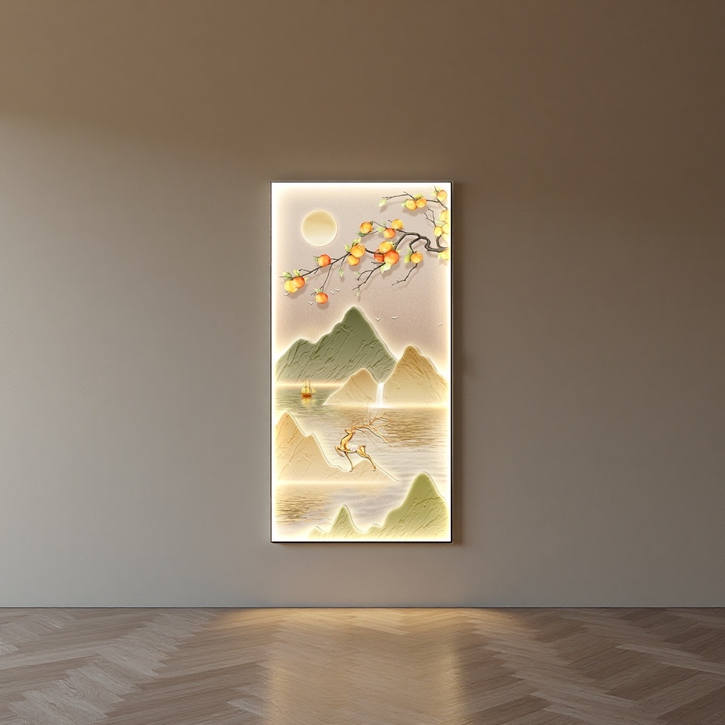 Luminous landscape paintings, decorative paintings, persimmon branches, green mountains, small boats, flying deer, moon, flying birds, relief art details Picture