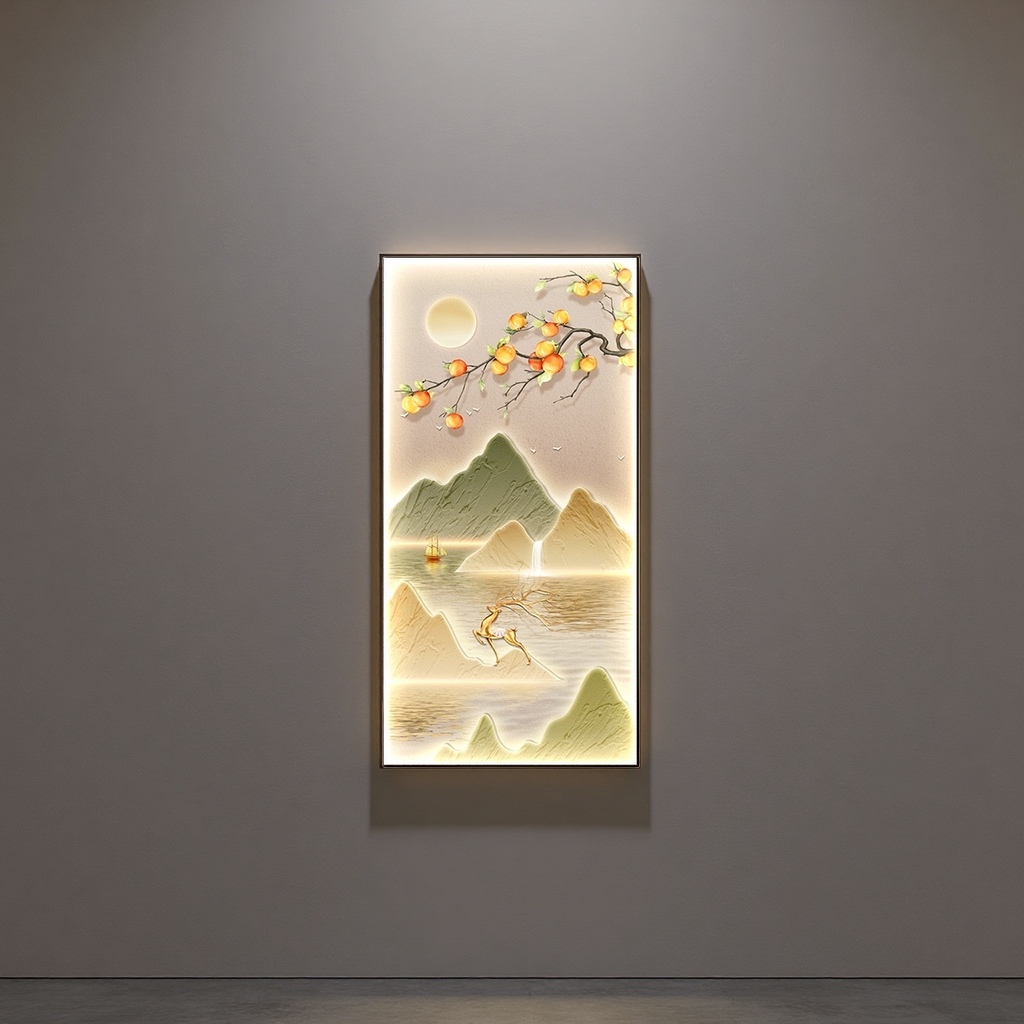 Luminous landscape paintings, decorative paintings, persimmon branches, green mountains, small boats, flying deer, moon, flying birds, relief art Specification image
