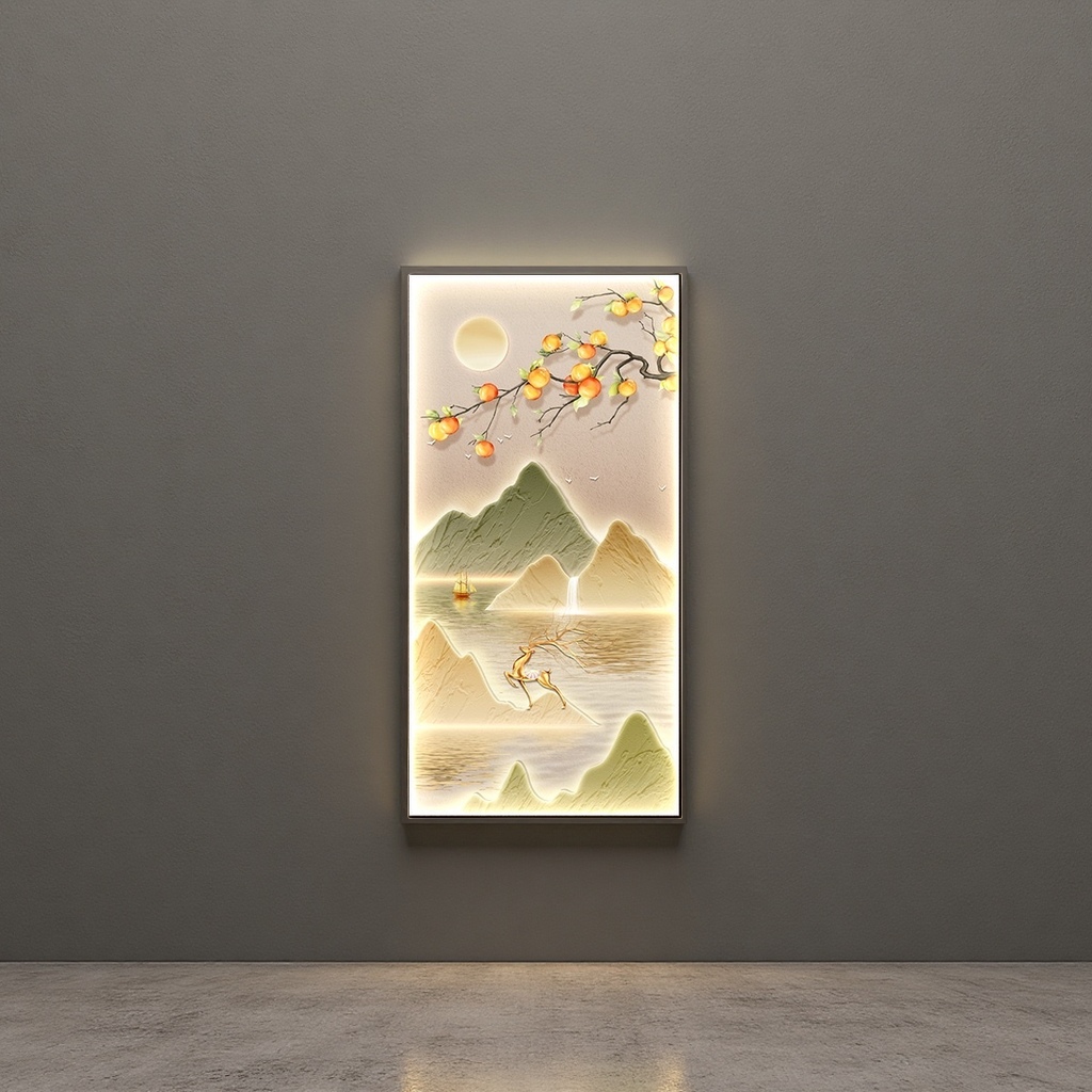 Luminous landscape paintings, decorative paintings, persimmon branches, green mountains, small boats, flying deer, moon, flying birds, relief art Application Scenario
