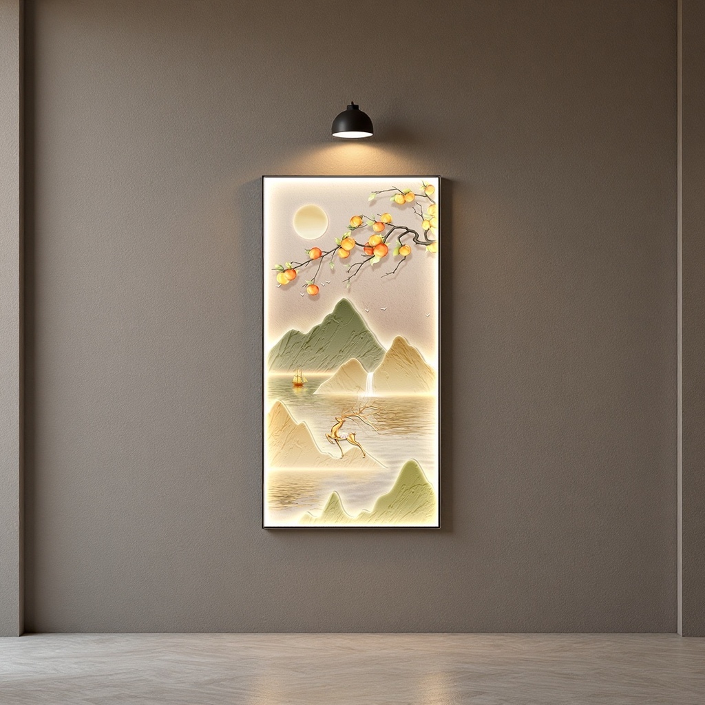 Luminous landscape paintings, decorative paintings, persimmon branches, green mountains, small boats, flying deer, moon, flying birds, relief art