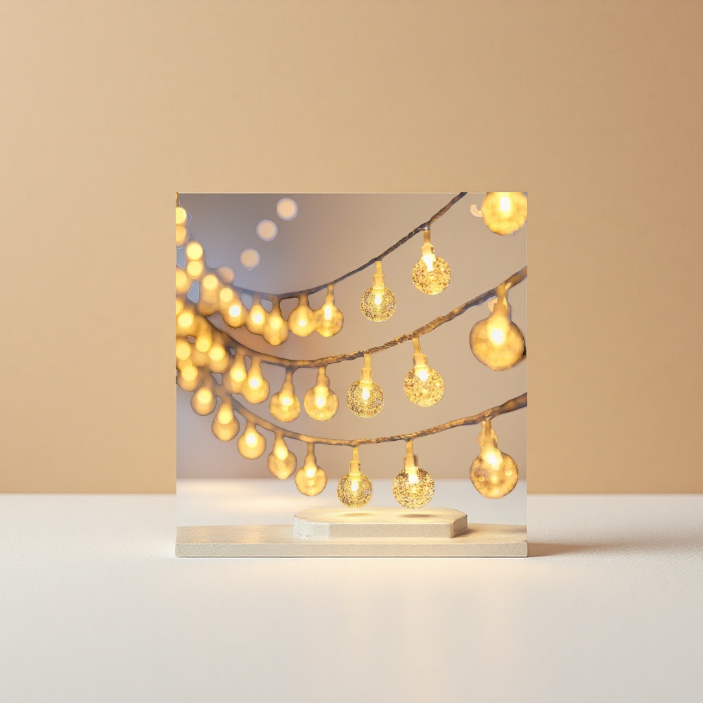 Golden spherical light strings decorate the festive atmosphere with warm LED lights that are suitable for both indoor and outdoor use