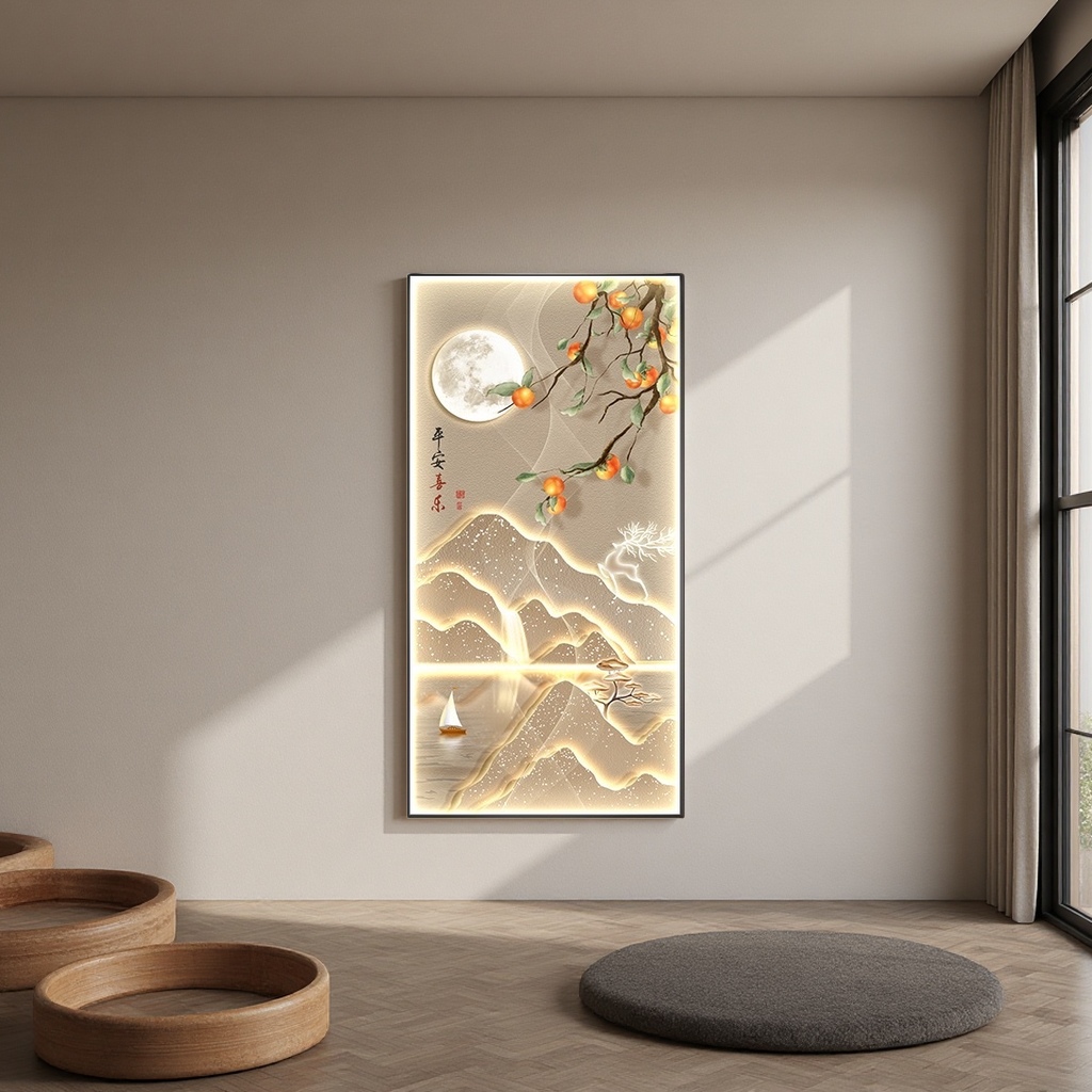 Luminous landscape paintings, peace and joy, calligraphy hanging paintings, bright moon, persimmon branches, distant mountains, sailboats, pine trees, auspicious clouds Specification image