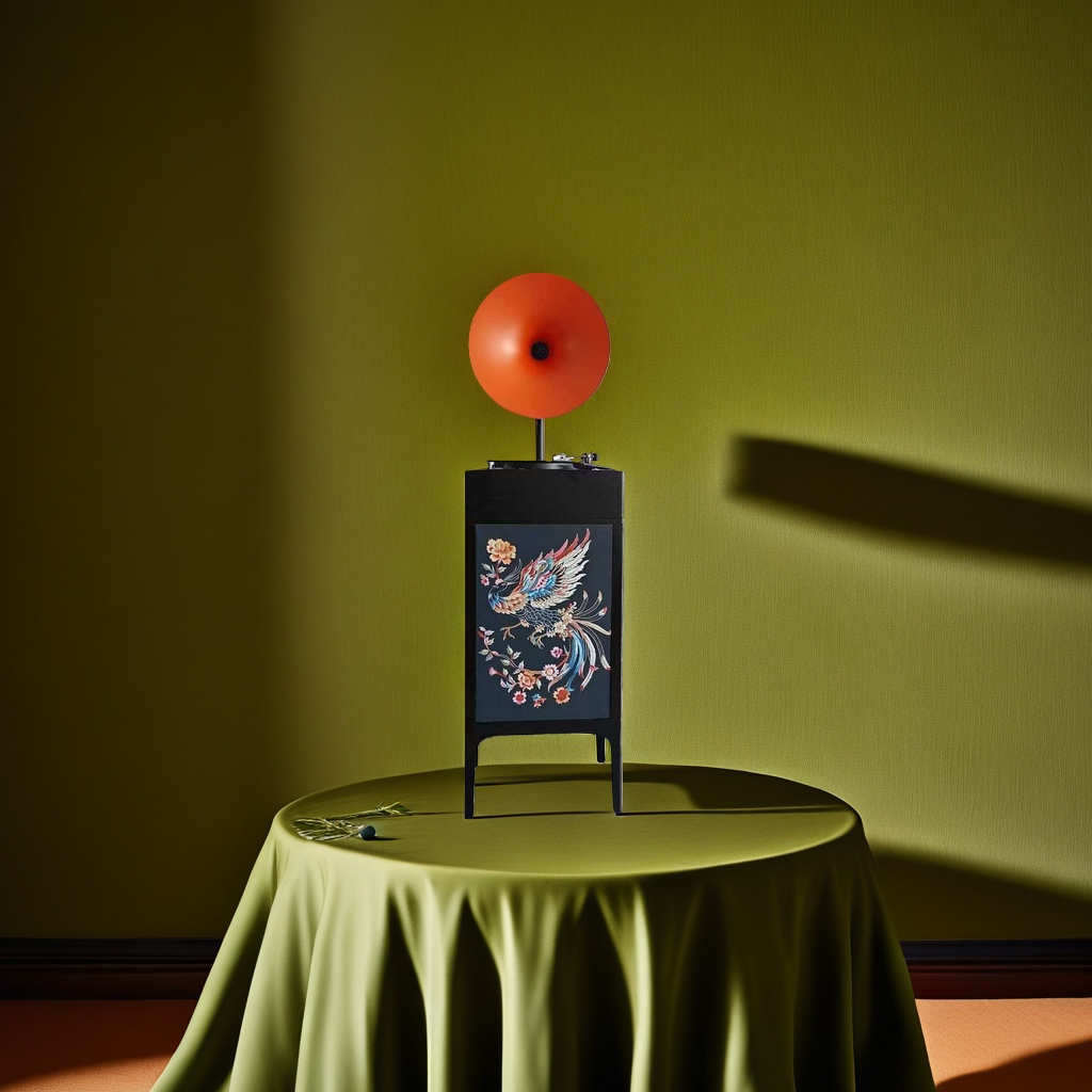 Orange speaker, black cabinet, retro gramophone, audio player, home decoration ornaments details Picture