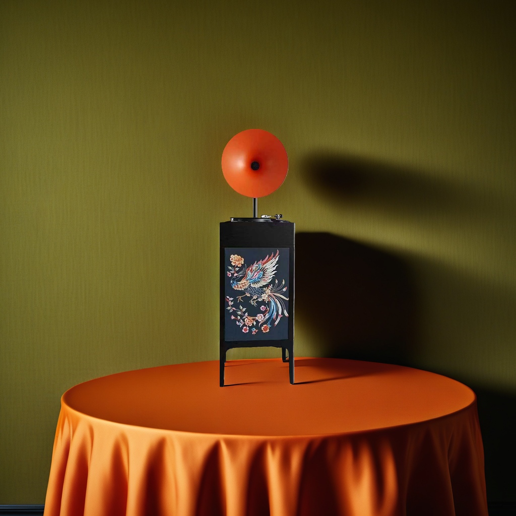 Orange speaker, black cabinet, retro gramophone, audio player, home decoration ornaments Specification image