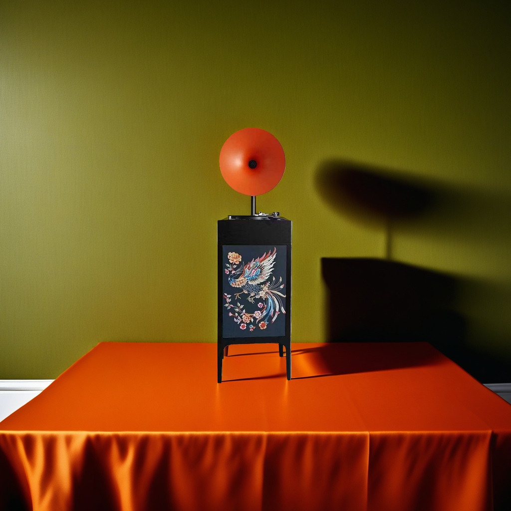 Orange speaker, black cabinet, retro gramophone, audio player, home decoration ornaments