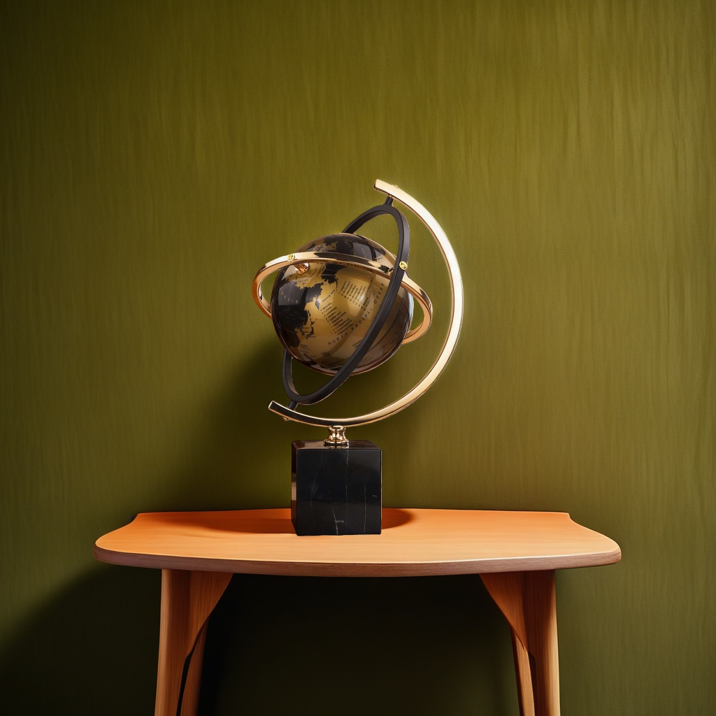 A golden globe sculpture with a black marble base is a decorative item for display in the living room, study and office desk details Picture