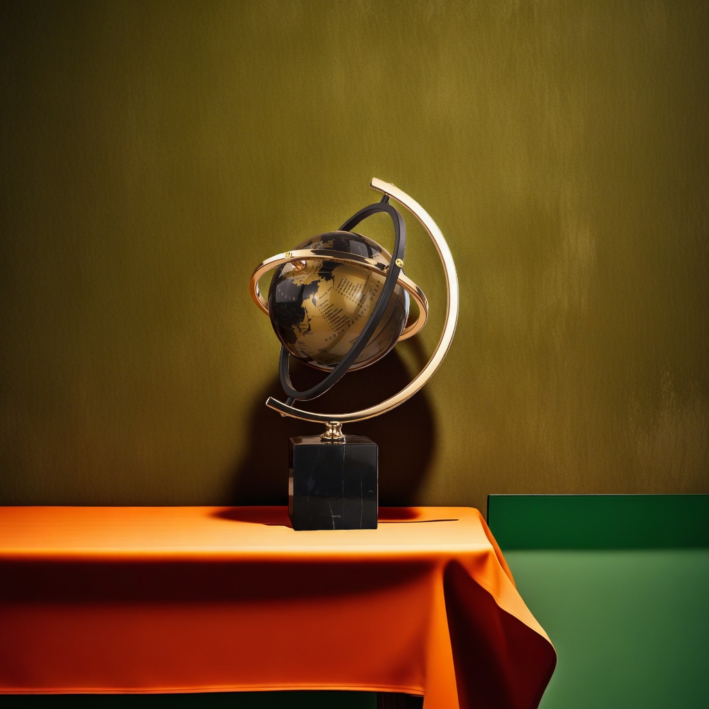 A golden globe sculpture with a black marble base is a decorative item for display in the living room, study and office desk Specification image
