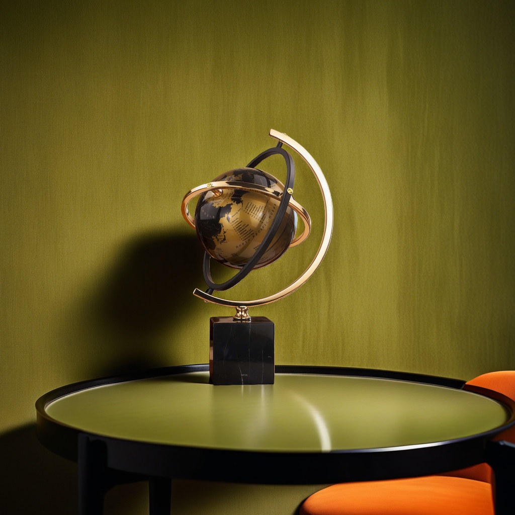 A golden globe sculpture with a black marble base is a decorative item for display in the living room, study and office desk