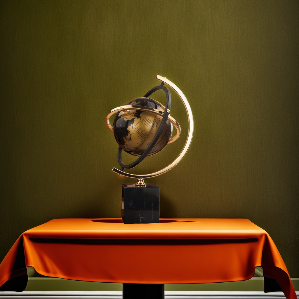 A golden globe sculpture with a black marble base is a decorative item for display in the living room, study and office desk Application Scenario