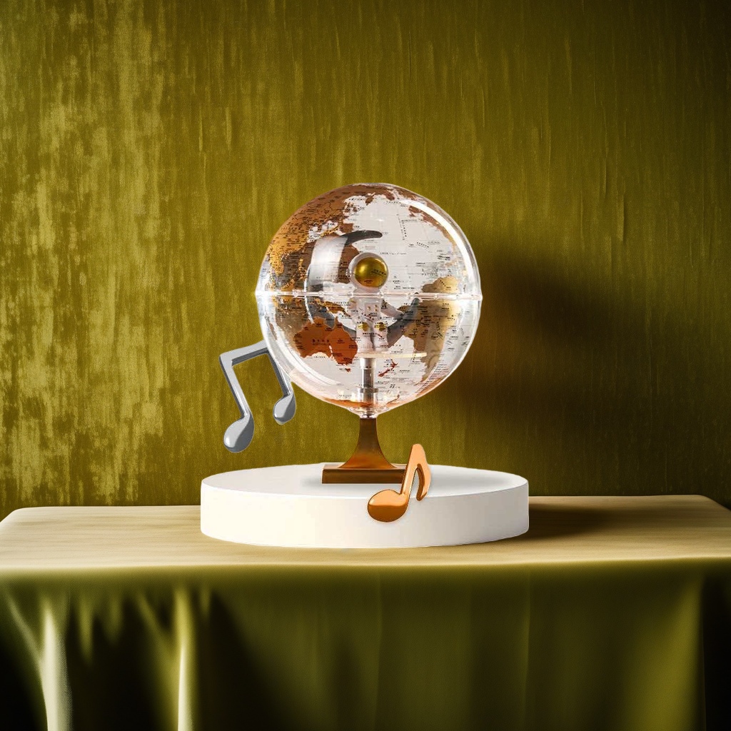 A transparent spherical globe with a golden base and a metallic texture as a desktop decoration