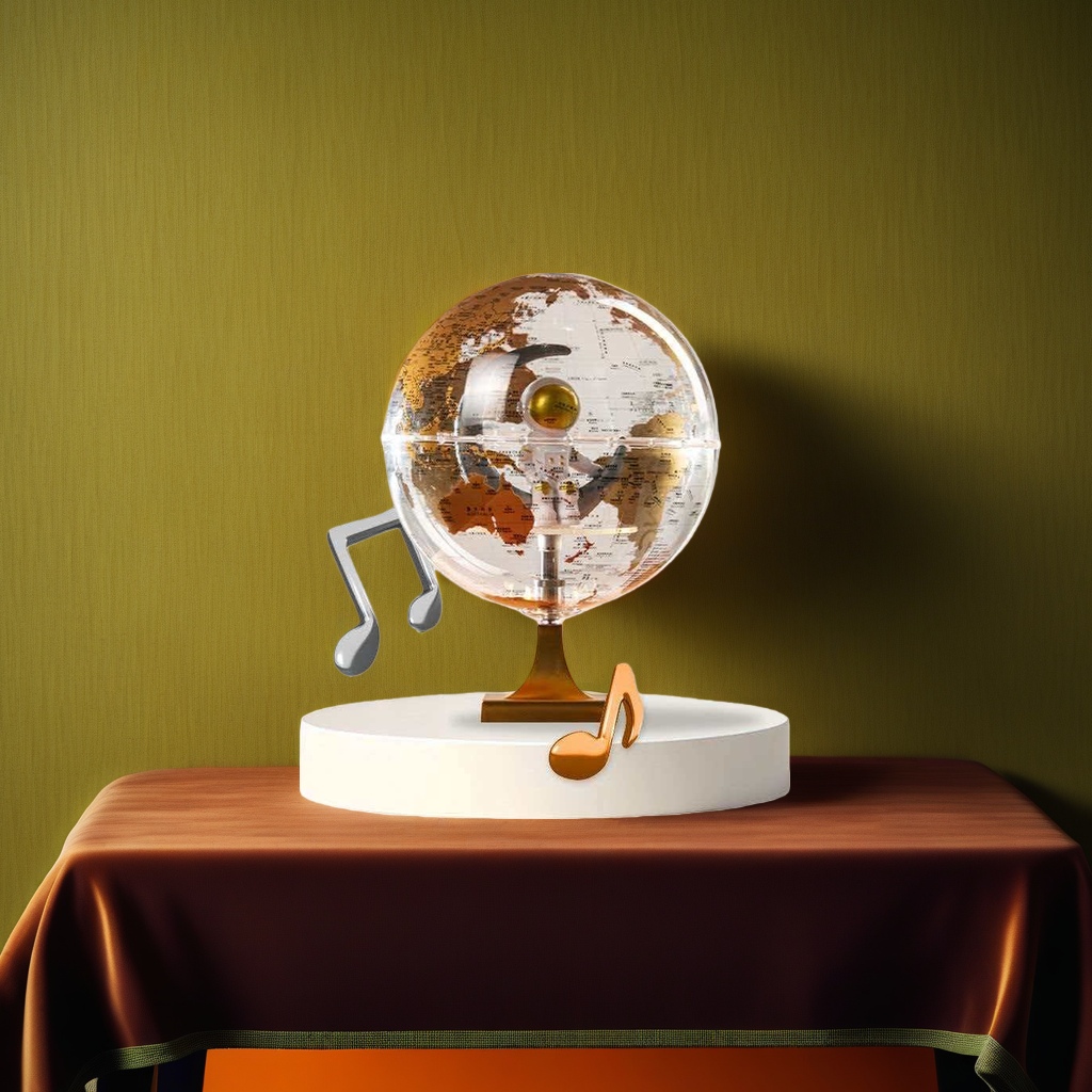 A transparent spherical globe with a golden base and a metallic texture as a desktop decoration Application Scenario