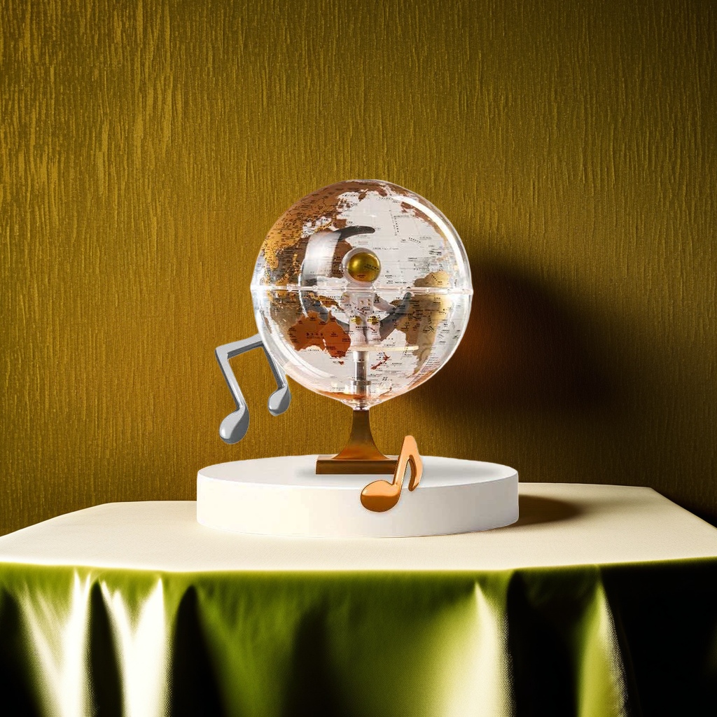 A transparent spherical globe with a golden base and a metallic texture as a desktop decoration Specification image
