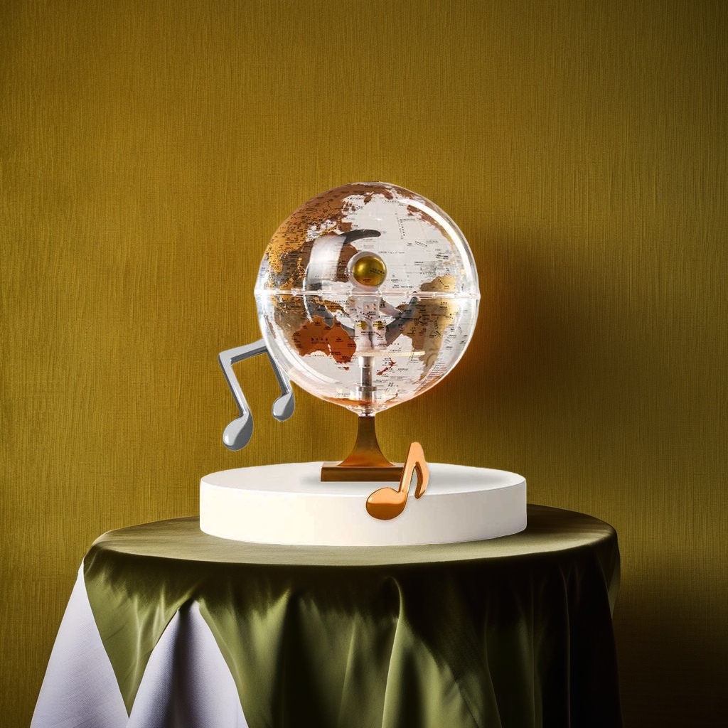 A transparent spherical globe with a golden base and a metallic texture as a desktop decoration details Picture