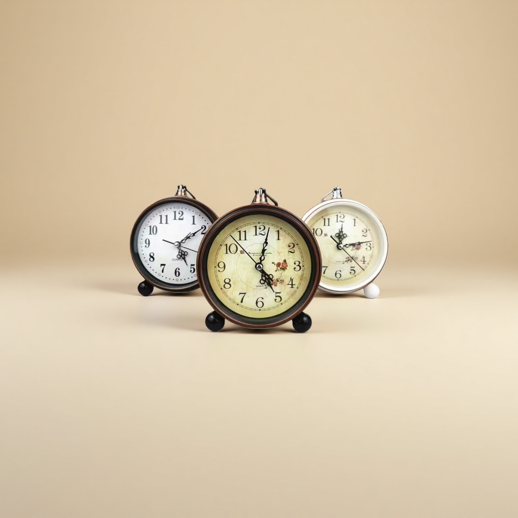 The retro round bell table clock features three dial designs: beige rose pattern, white background with black characters and small flower patterns, copper frame and black base details Picture