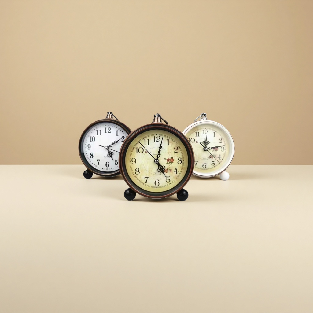 The retro round bell table clock features three dial designs: beige rose pattern, white background with black characters and small flower patterns, copper frame and black base