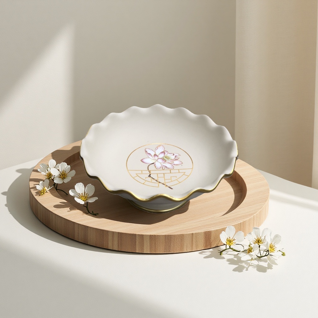 白色花边瓷盘 盘底粉色莲花金色回纹图案