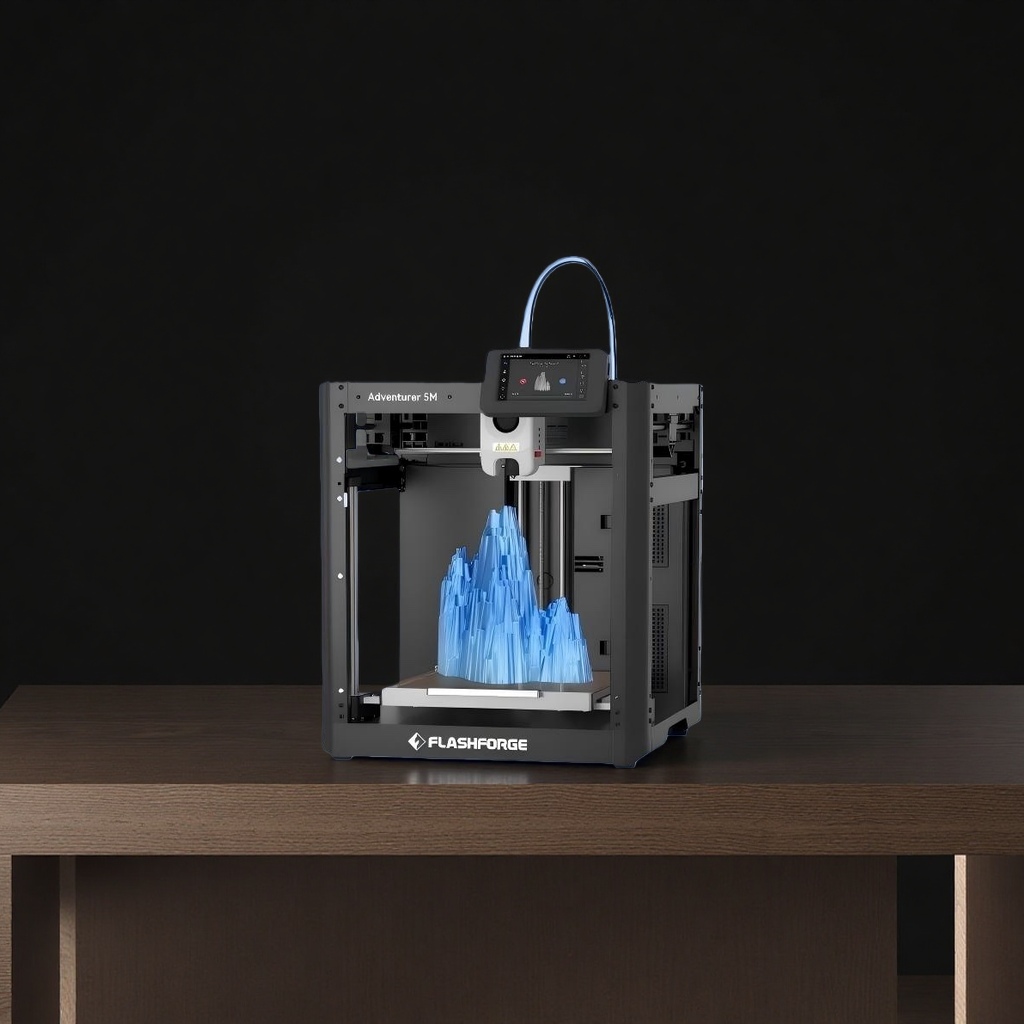 黑色3D打印机主体配蓝色打印件及屏幕显示