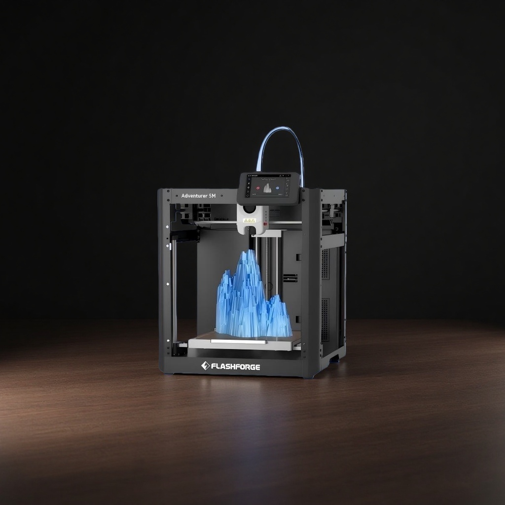 黑色3D打印机主体，带有蓝色打印件和屏幕显示细节图