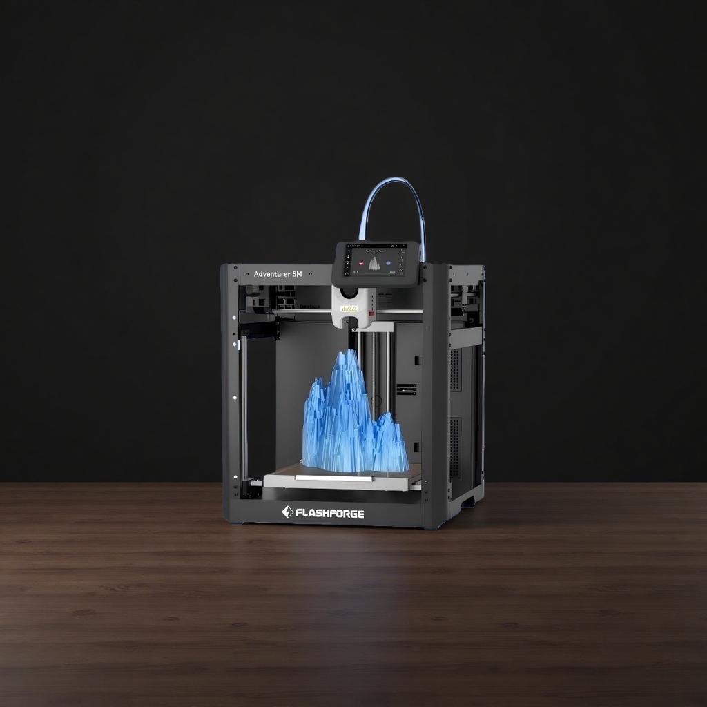 黑色3D打印机主体，带有蓝色打印件和屏幕显示产品图