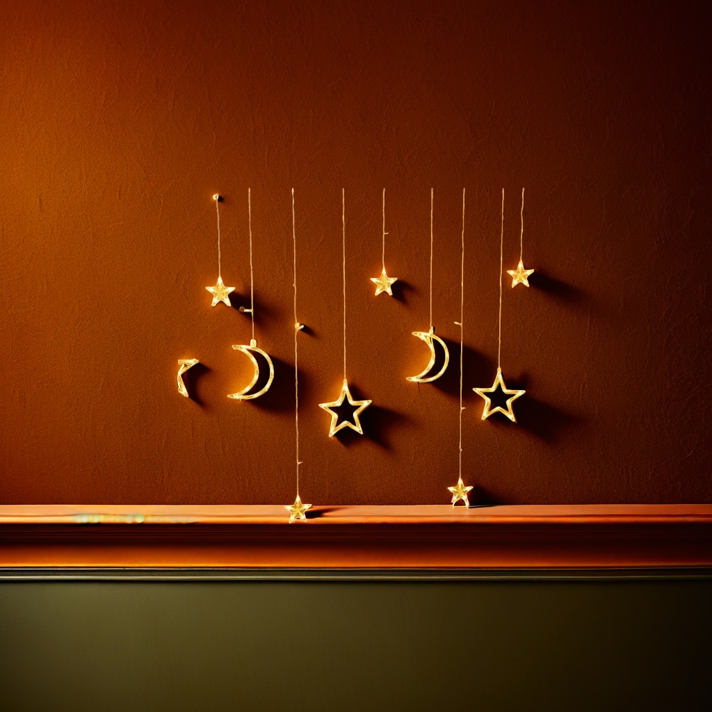 Warm yellow star and moon-shaped light strings decorate the atmosphere with small night lights for festival arrangements details Picture