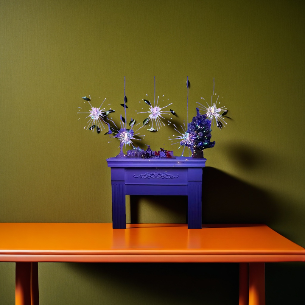 Colorful fireworks and lighting fixtures are decorative lights above the suspended fireplace details Picture