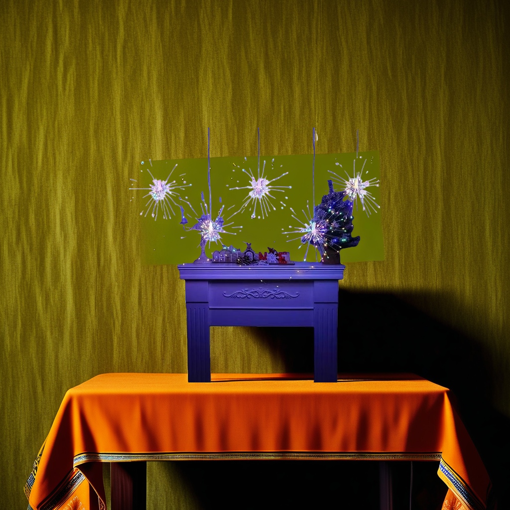 Colorful fireworks and lighting fixtures are decorative lights above the suspended fireplace Specification image