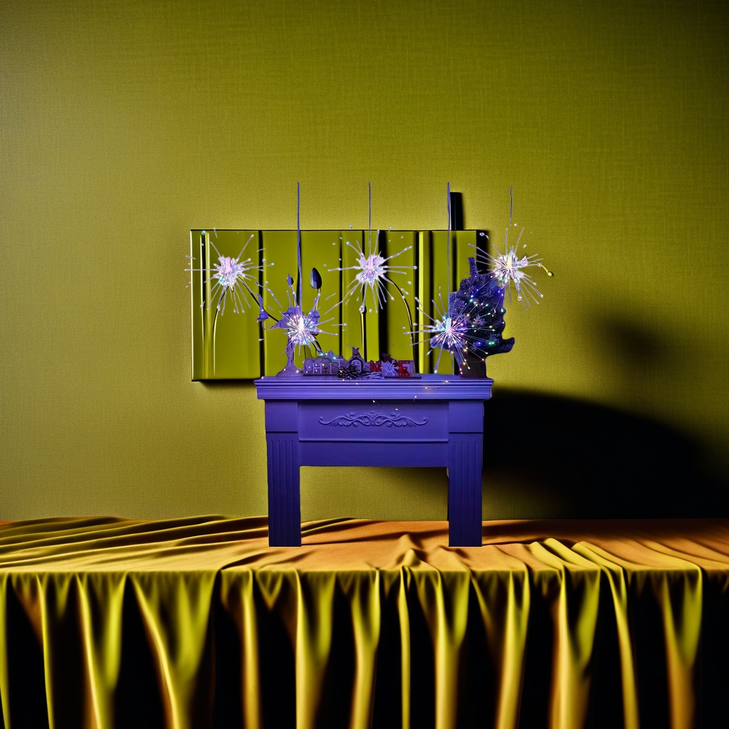 Colorful fireworks and lighting fixtures are decorative lights above the suspended fireplace