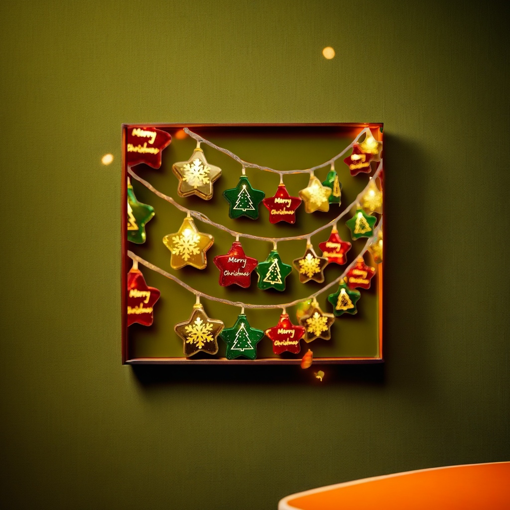 Colorful star-shaped Christmas light strings, festive decorative LED warm light, suitable for both indoor and outdoor use