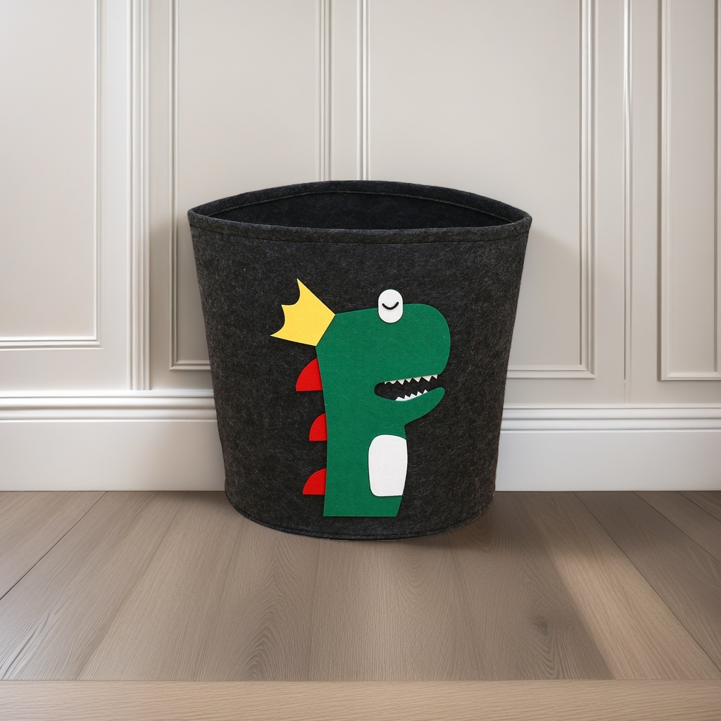 Black felt storage bucket, green cartoon dinosaur pattern, yellow crown, red dorsal fin, white abdomen, single eye smiling Application Scenario