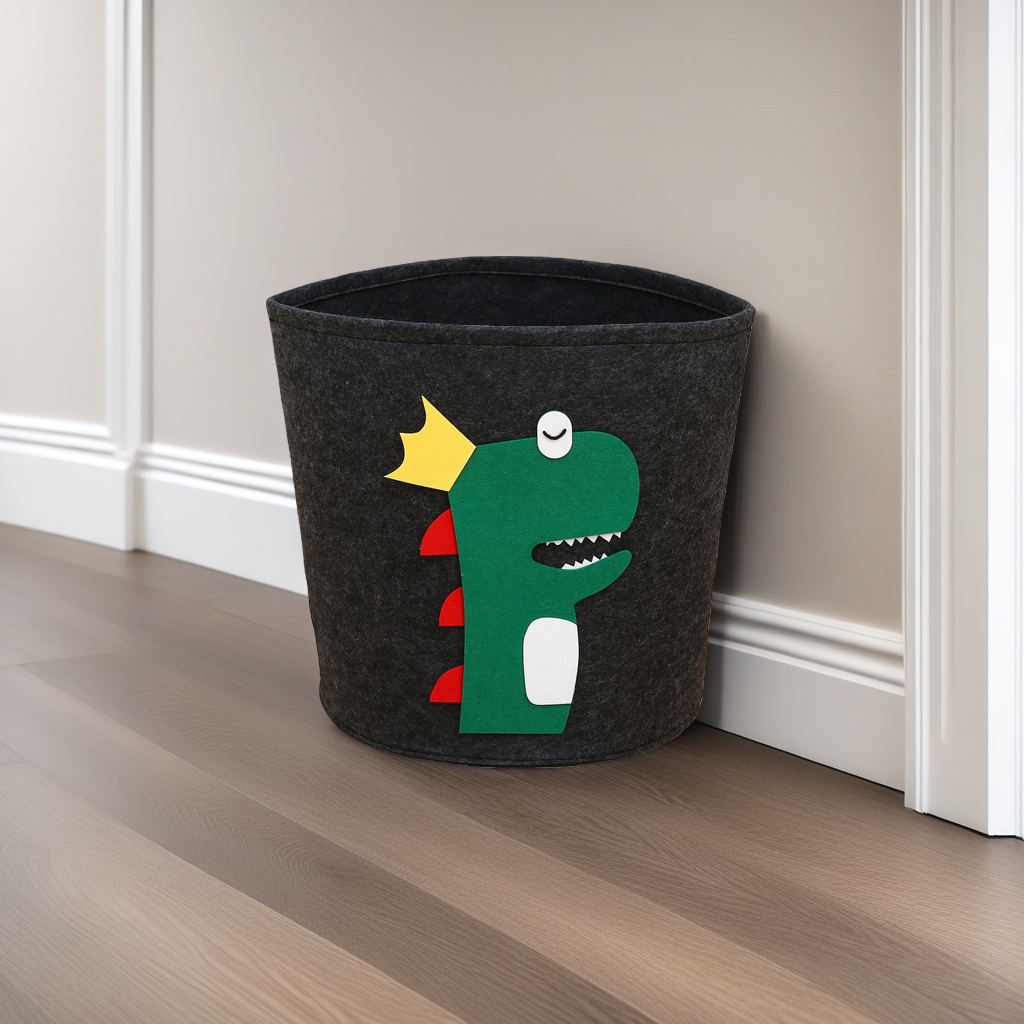 Black felt storage bucket, green cartoon dinosaur pattern, yellow crown, red dorsal fin, white abdomen, single eye smiling details Picture