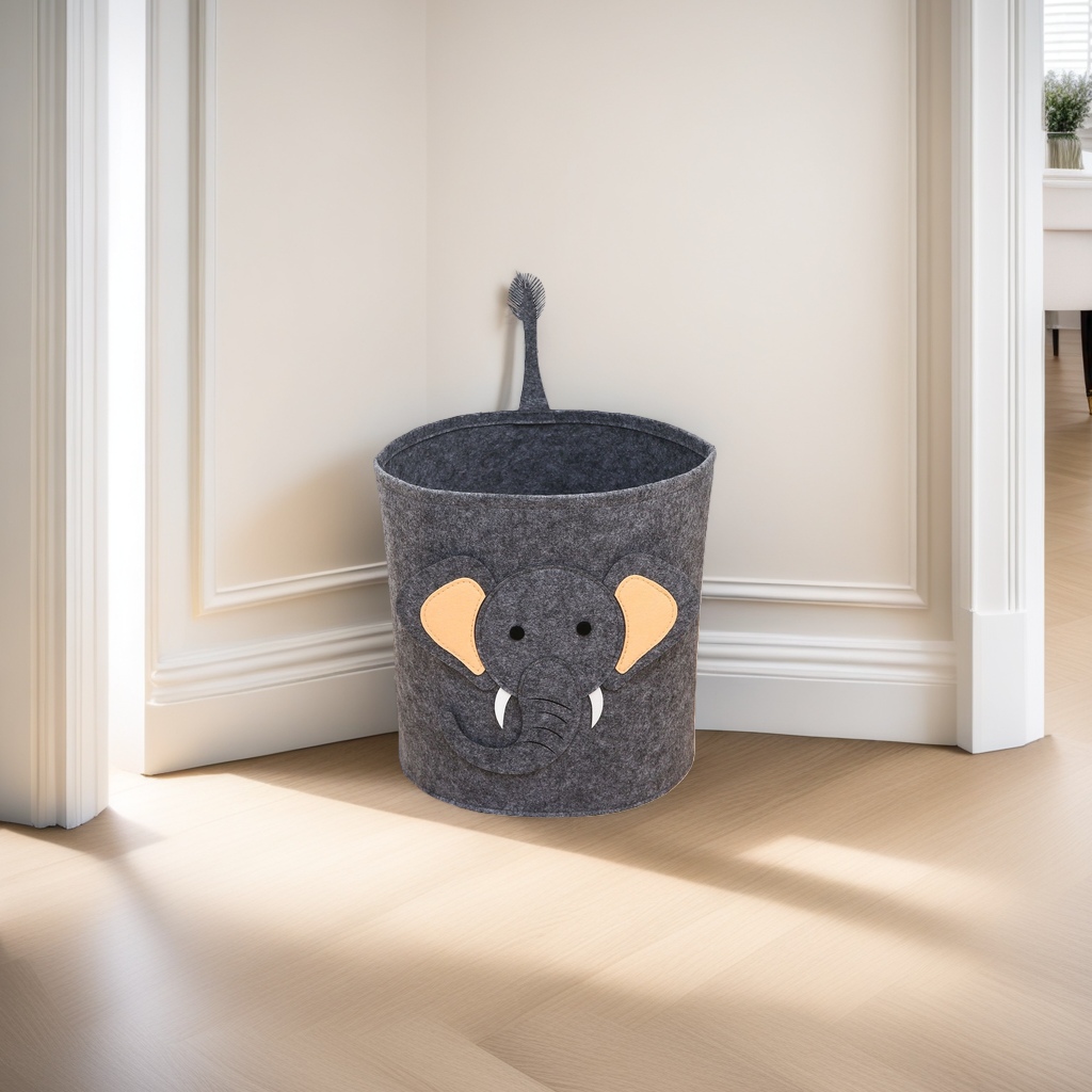 Grey elephant-shaped storage basket for home living room and bedroom, creative plush toy style Application Scenario