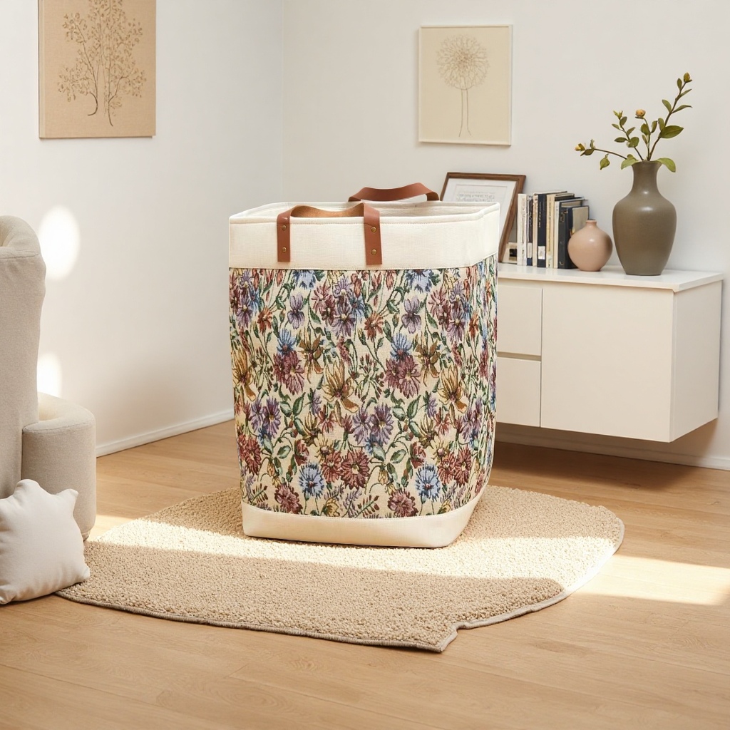 Patrón floral paño cesta de almacenamiento multifuncional sala de estar habitación organizar cesta plegable y portátil Specification image