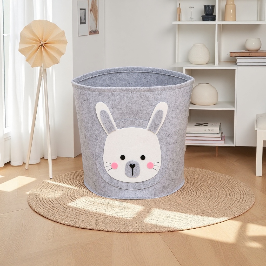 A grey felt rabbit-shaped storage basket for home storage and organization details Picture