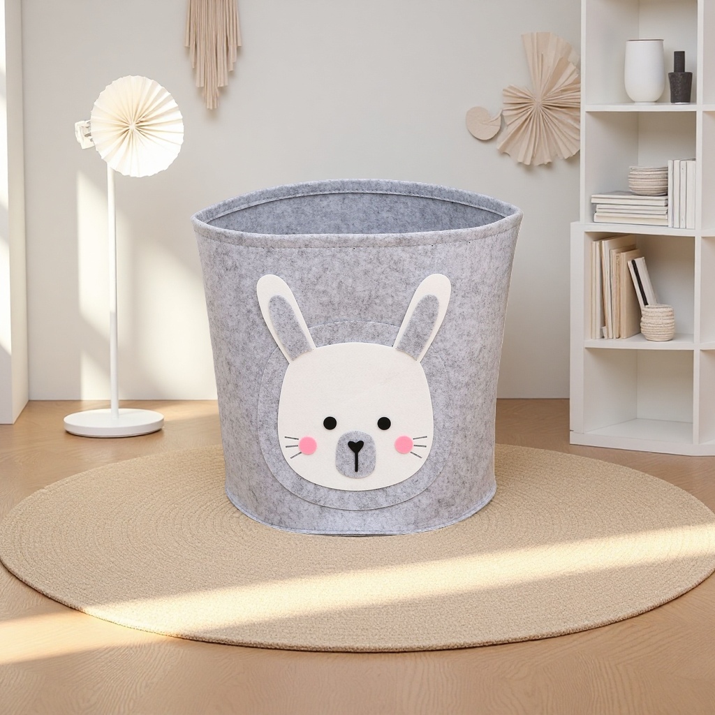 A grey felt rabbit-shaped storage basket for home storage and organization Specification image