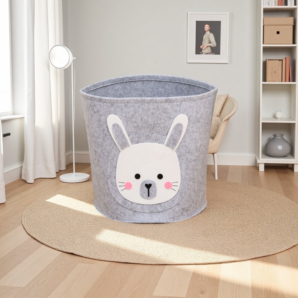 A grey felt rabbit-shaped storage basket for home storage and organization