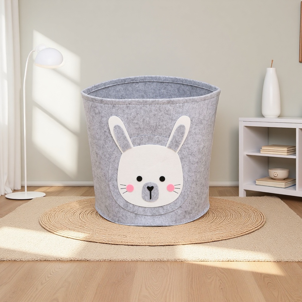 A grey felt rabbit-shaped storage basket for home storage and organization Application Scenario
