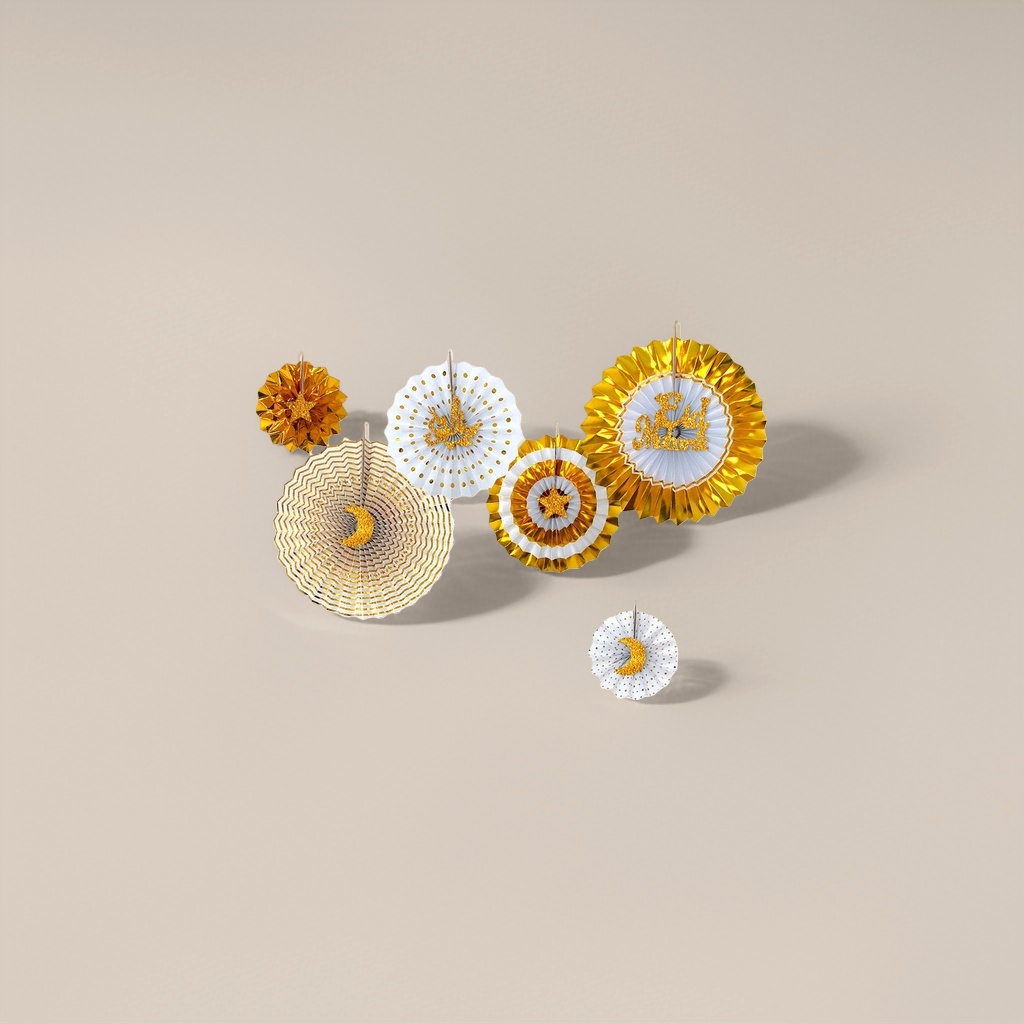金色白色扇形装饰品 星星月亮 Eid Mubarak节日挂饰