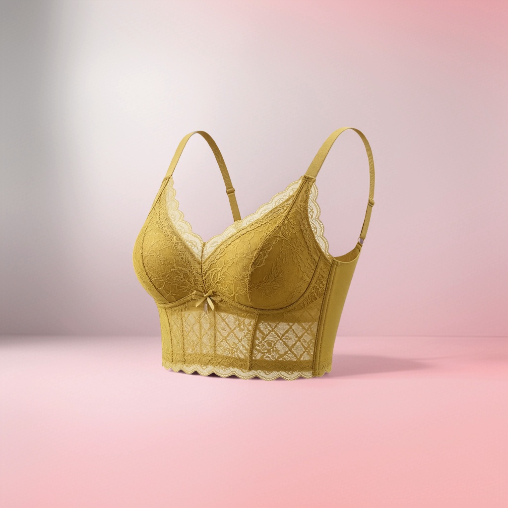 Mustard yellow lace-up bra for women is a comfortable and breathable undergarment that makes the small chest look larger details Picture