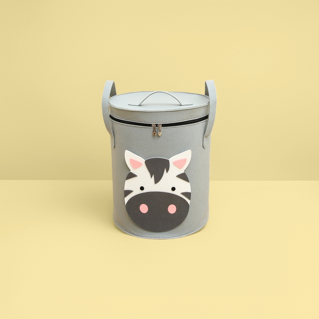 A large-capacity grey zebra-patterned storage bucket for home use, suitable for bedrooms, living rooms and bathrooms Application Scenario