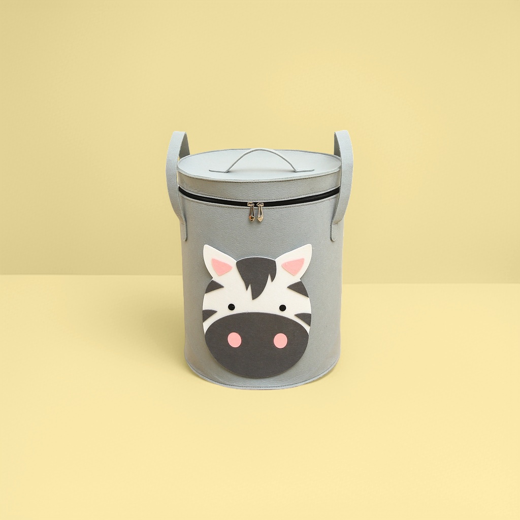 A large-capacity grey zebra-patterned storage bucket for home use, suitable for bedrooms, living rooms and bathrooms Specification image