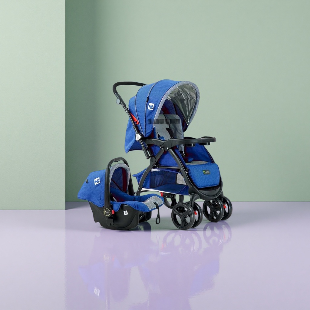 Blue baby stroller with basket safety seat, lightweight folding and reclining newborn travel set Specification image