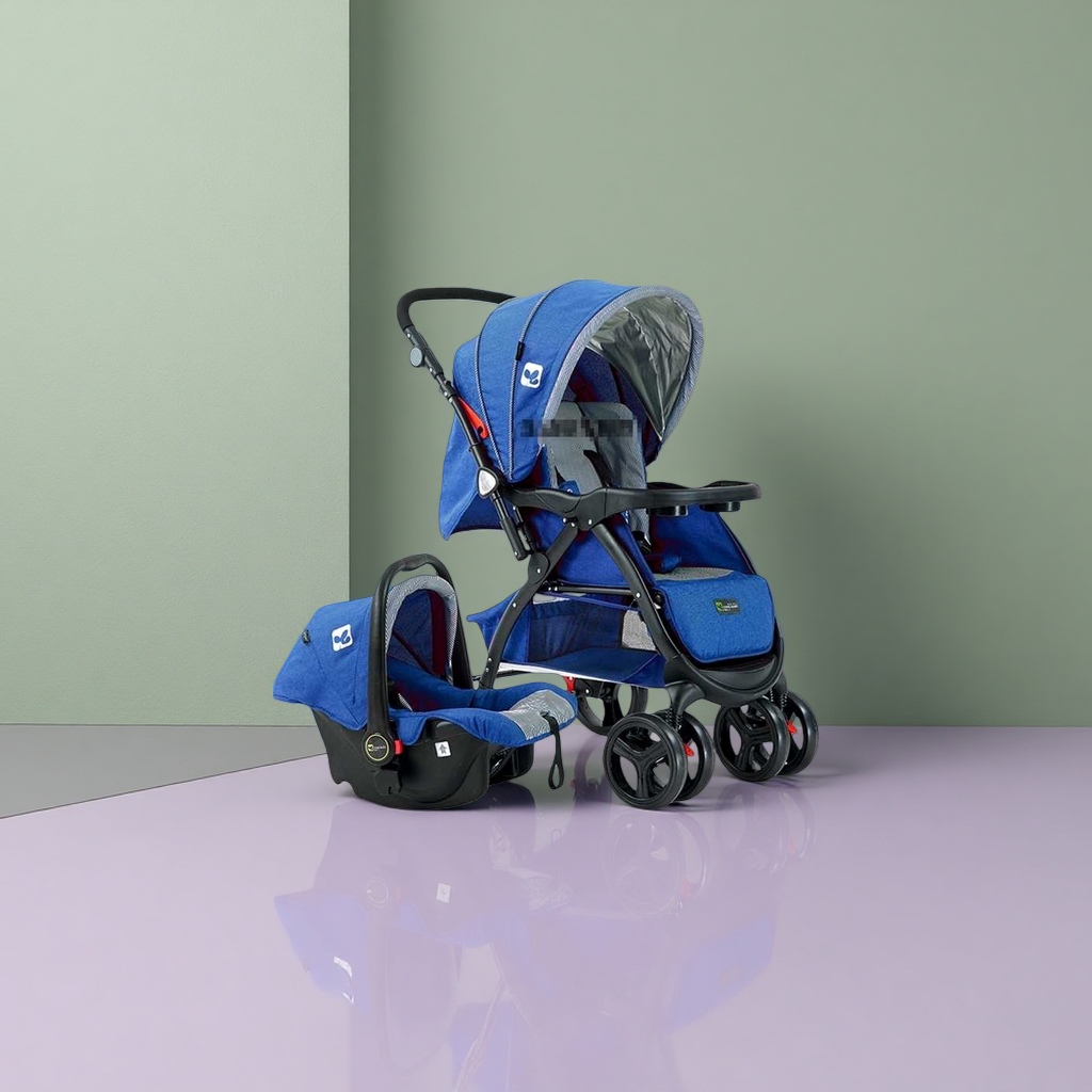 Blue baby stroller with basket safety seat, lightweight folding and reclining newborn travel set details Picture