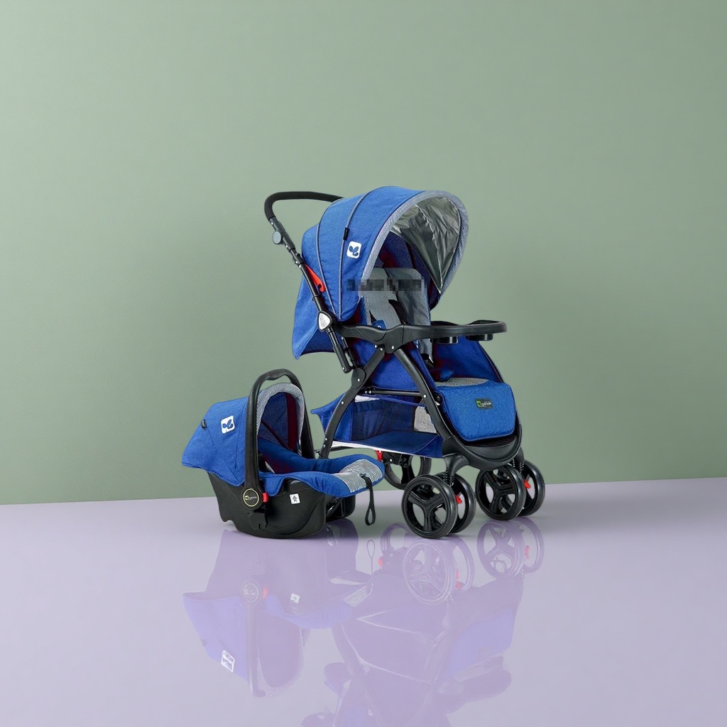 Blue baby stroller with basket safety seat, lightweight folding and reclining newborn travel set Application Scenario