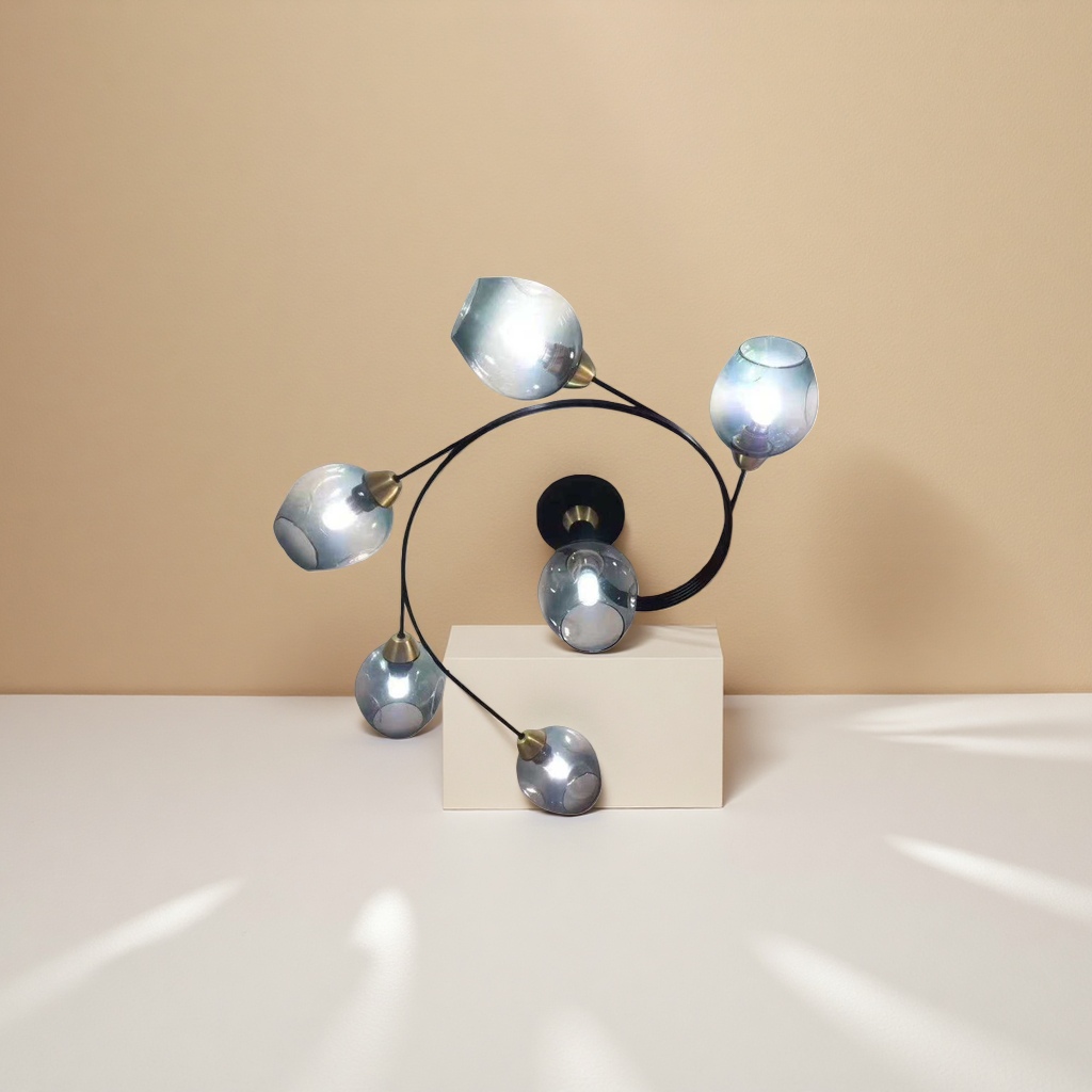Five black spiral bracket chandeliers with blue and gray gradient glass lampshades details Picture