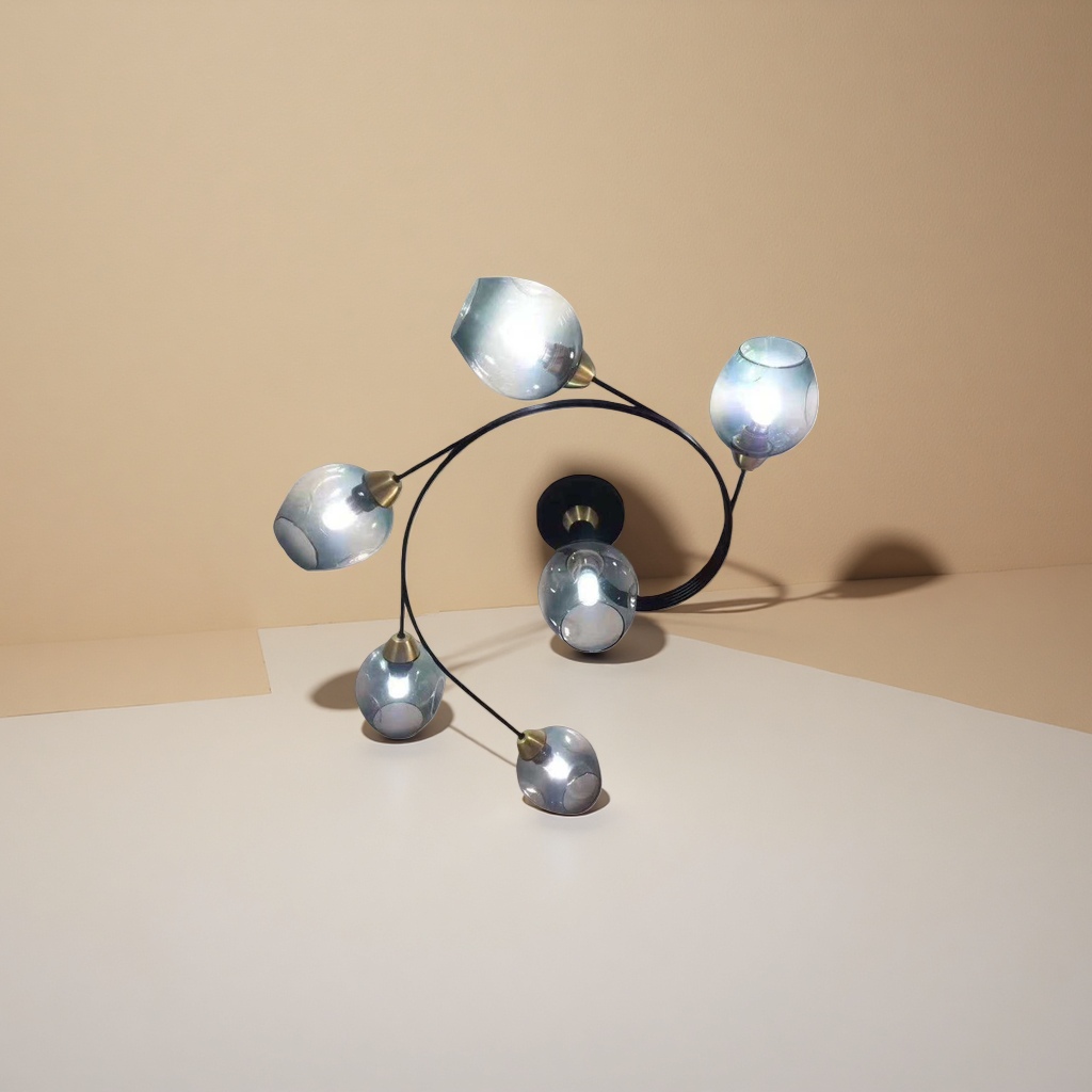 Five black spiral bracket chandeliers with blue and gray gradient glass lampshades Specification image